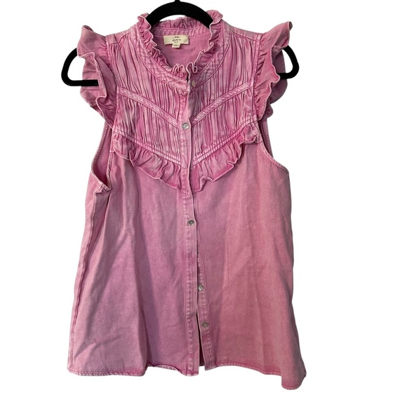 Entro Women’s Pink Sleeveless Ruffle Trim Button Front Denim Top Sz L GUC - Picture 1 of 9